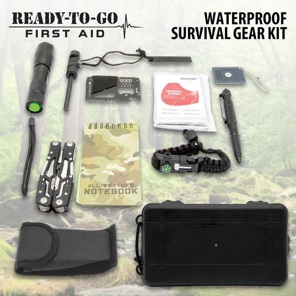 The Ready to Go Survival Gear Gear Kit is shown with all of its components. image number 0