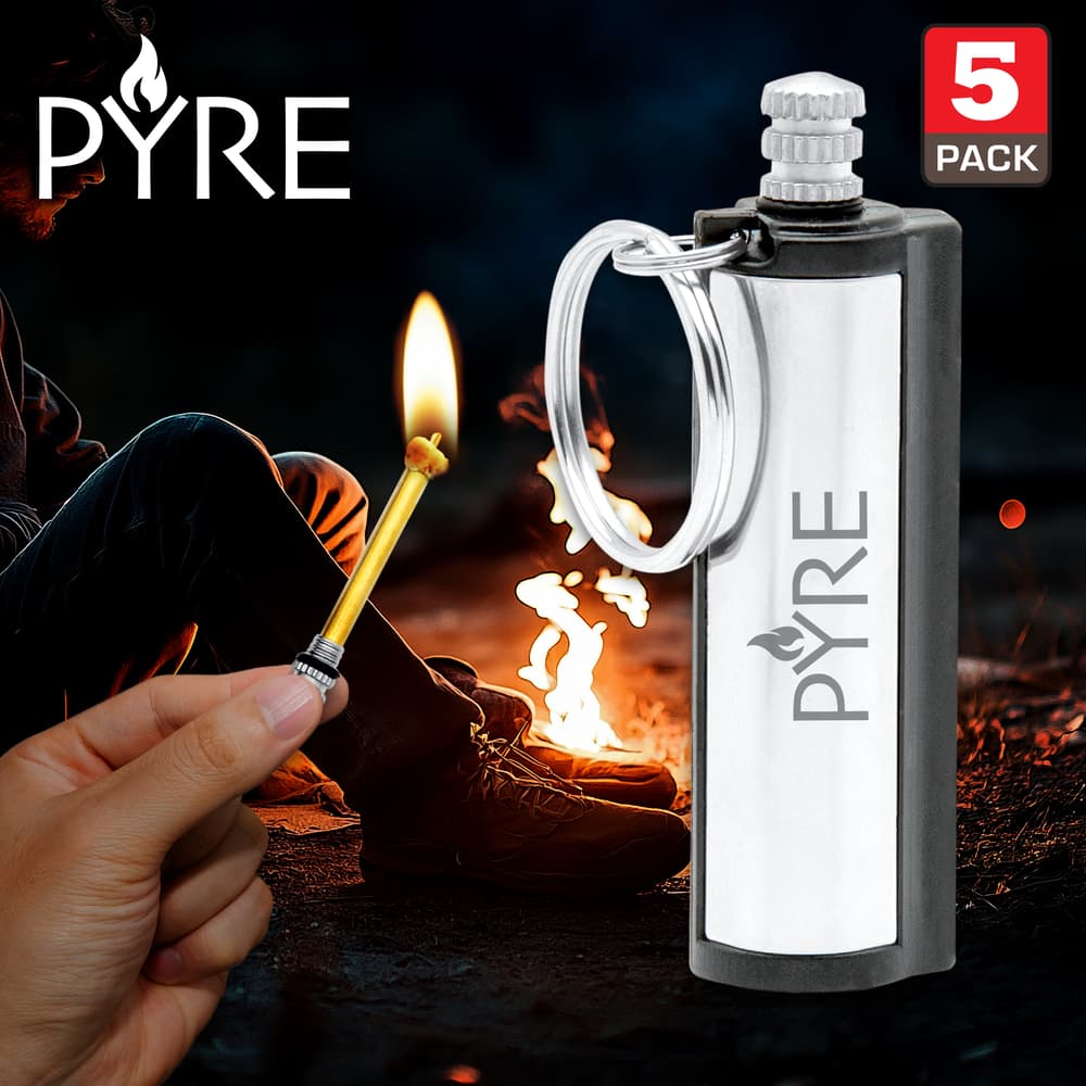 Pyre Permanent Match Key Chains 5 pack with camp fire in backgorund. image number 0