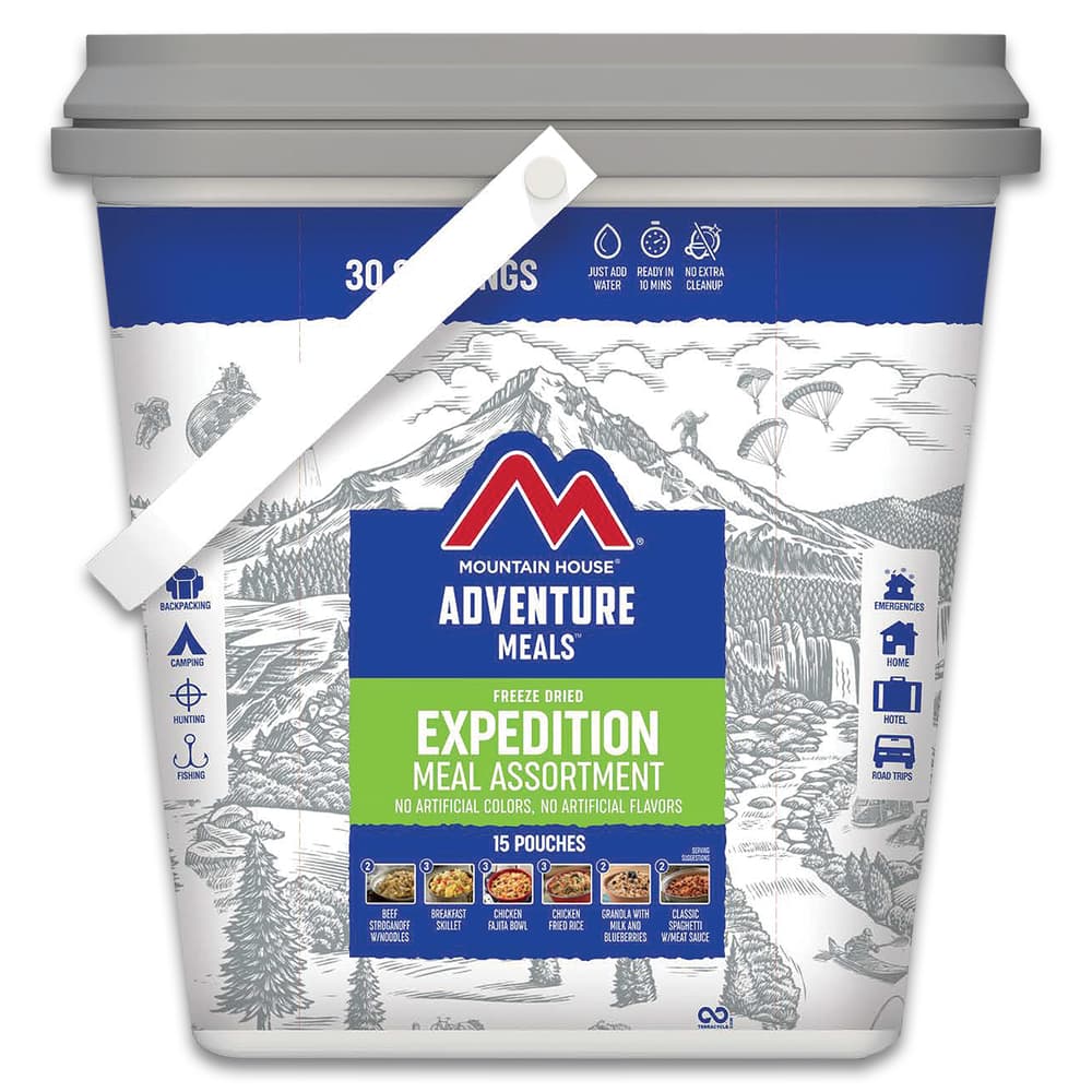 The Mountain House Expedition Meal Assortment comes in a bucket with a handle image number 0