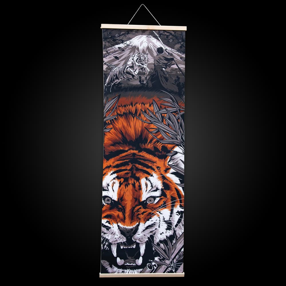 The hanging wall art of a japanese tiger and samurai are easily unrolled and look great hanging on any wall. This image shows the size of the wall art next to a 6 ft. tall person. image number 0