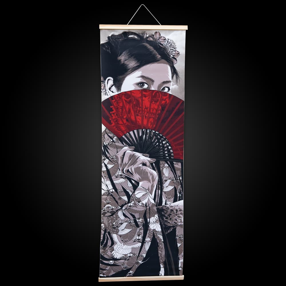 This samurai girl wall art shows a beautiful Japanese lady hiding behind a fan, When looking through the fan you see her face as a skull. image number 0