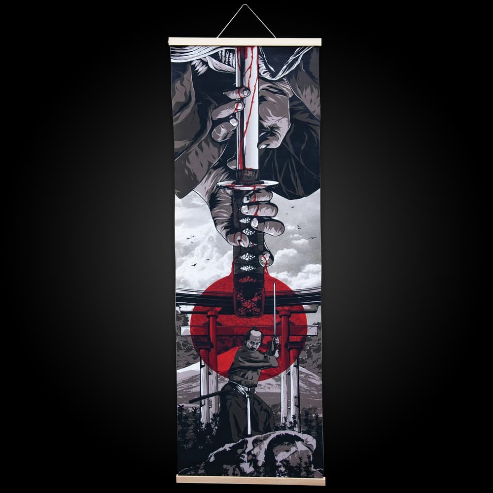 This samurai katana wall art is shown hanging on a wall next to a 6 ft. tall man for a size reference. This wall art makes the perfect art for katana collectors. image number 0