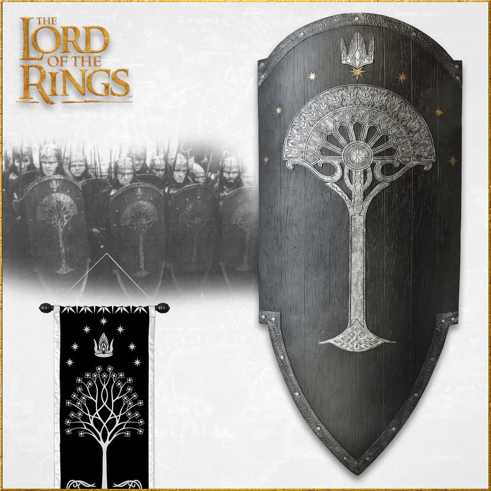 The Second Age War Shield of Gondor with Tree of Gondor motif is shown with included cloth war banner and handle on back. image number 0