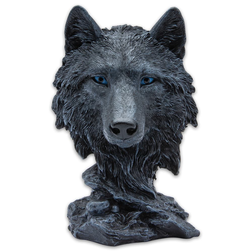 You won’t believe how life-like the Black Wolf Head Sculpture is from the texture of the fur to the texture of the stone image number 0