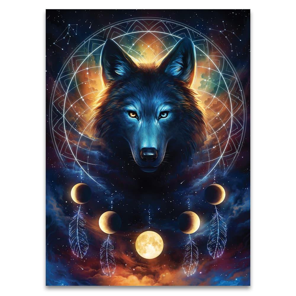A close-up of the Dreamcatcher Wolf Blanket with its vivid artwork image number 0