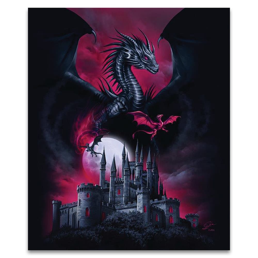 This queen sized faux fur blanket features a mystic dragon over a castle with a ominous pink sky behidn it. It is the perfect blanket or bed room decor for fans of dragons and the fantasy genre. image number 0