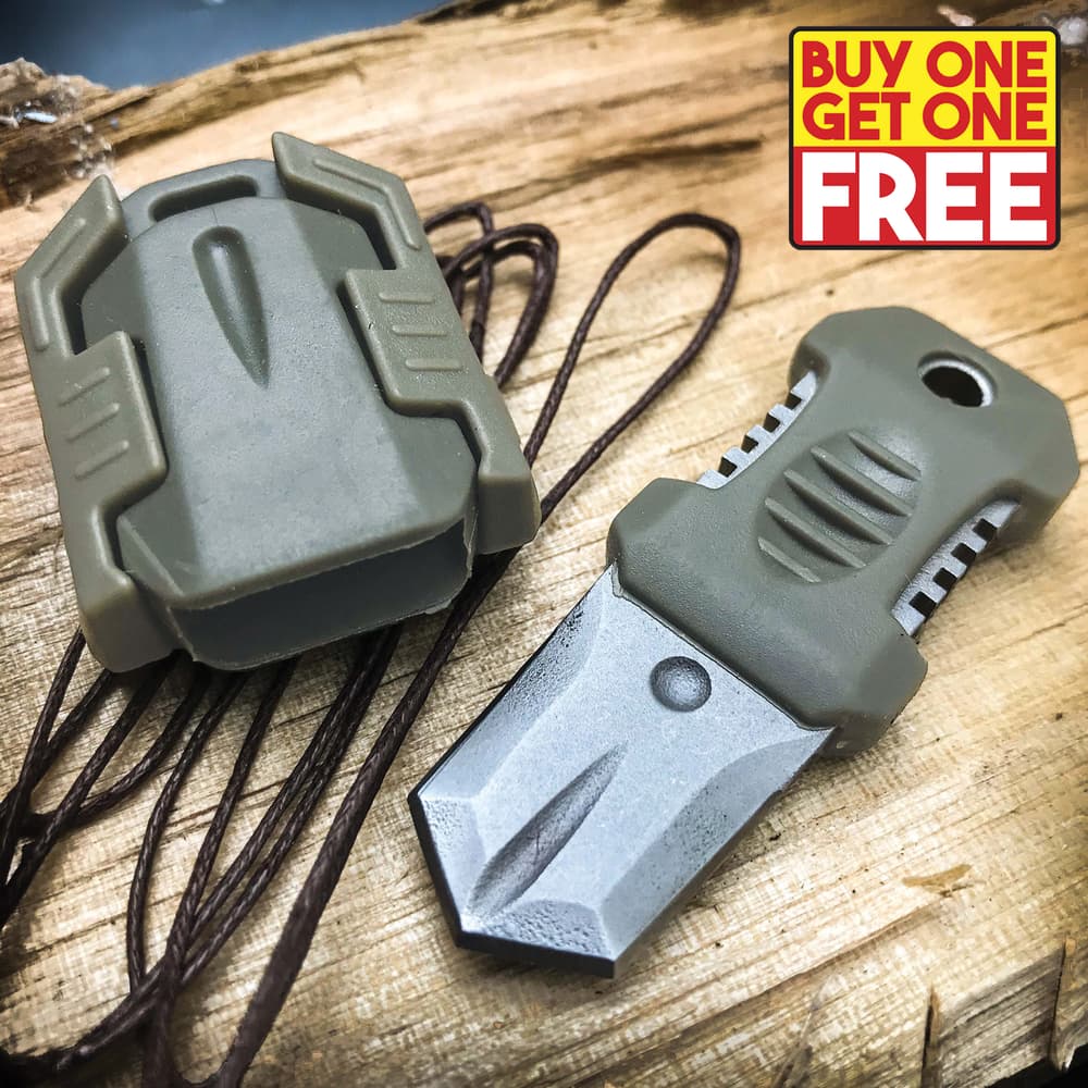 The SHTF Tactical MOLLE Shiv is shown with 1” stainless steel blade and heavy duty sheath on a wooden background with “Buy One Get One Free” text. image number 0