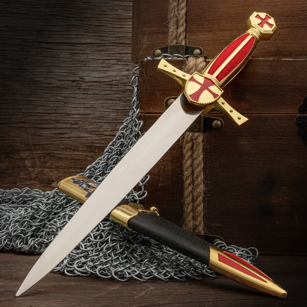 Full image of the Crusader Knight Gold Dagger and scabbard. image number 0