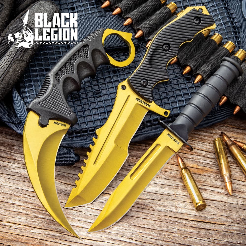 Black Legion Solar Gold Triple Knife Set - Karambit, Hunter Knife, Survival Knife, Stainless Steel Blades, TPU Handles, Nylon Sheaths image number 0