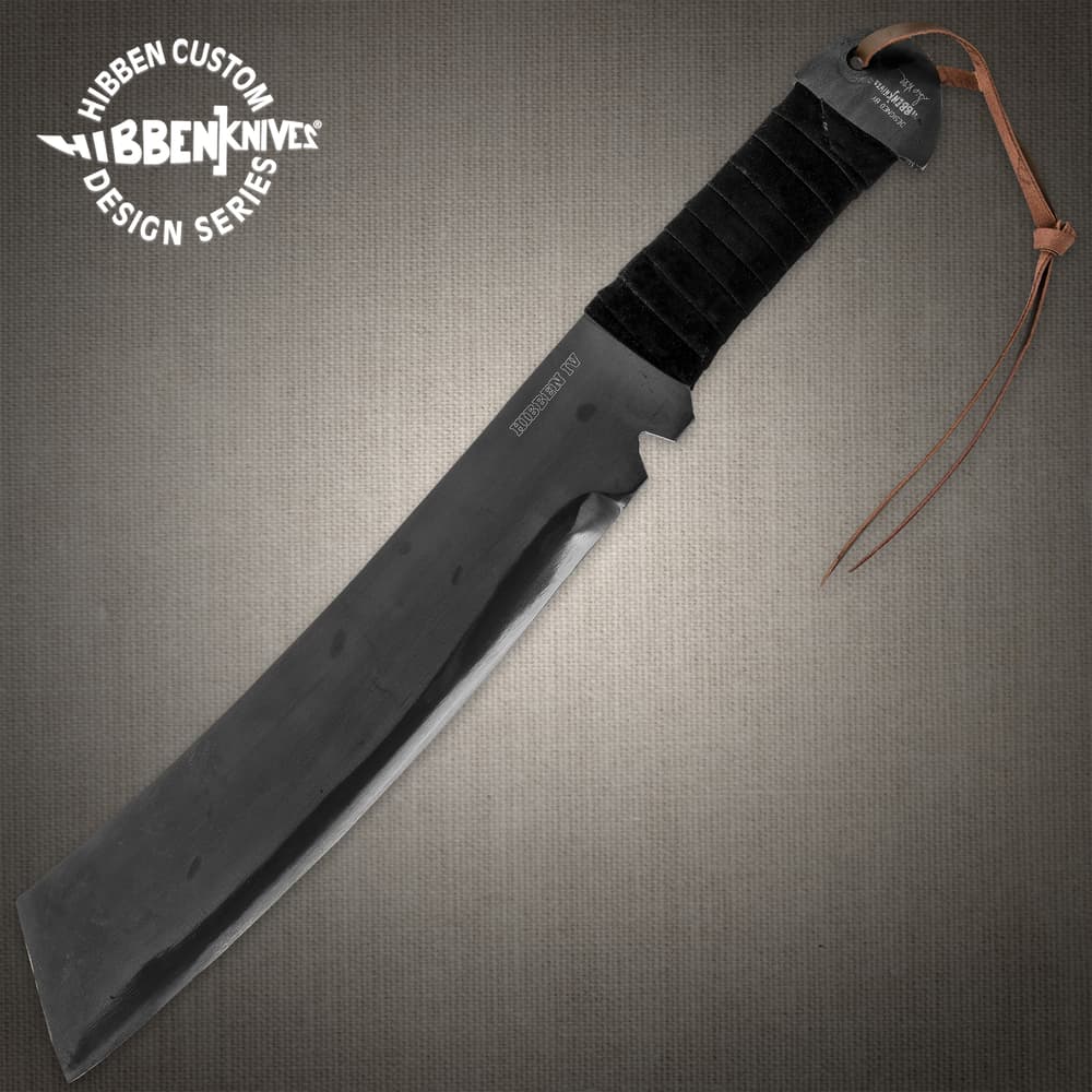 Rambo 4 Gil Hibben IV Machete Knife thick, black blade with a squared-off tip, black cord-wrapped handle. Leather lanyard image number 0