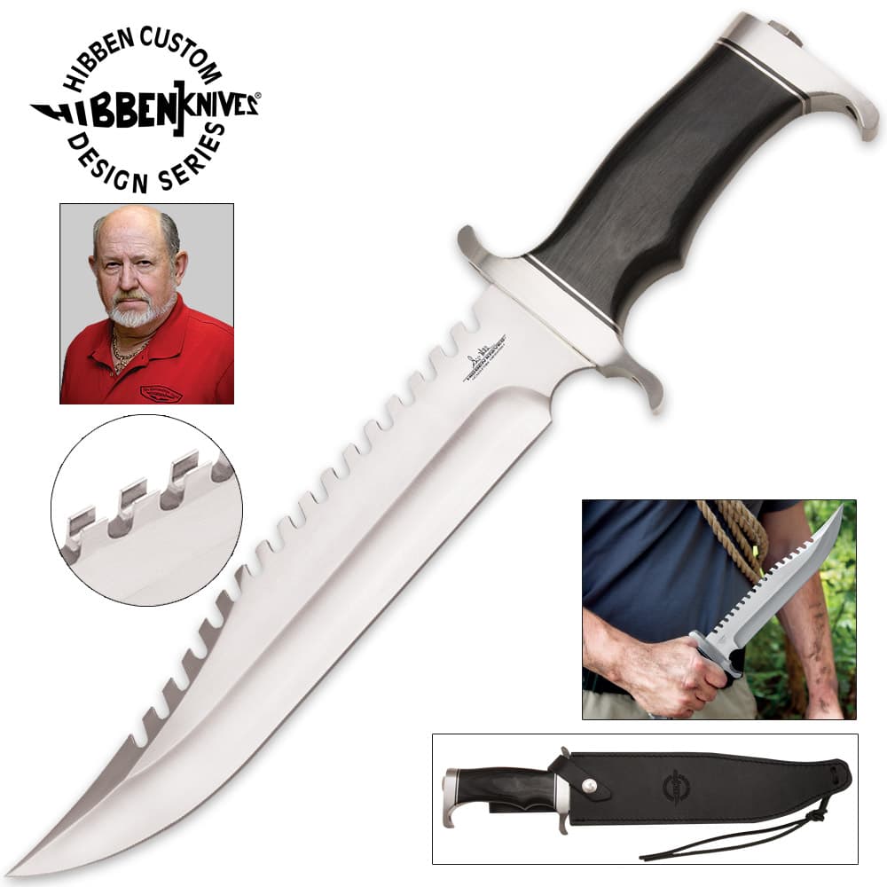 Gil Hibben Extreme Survival Survivor Bowie Knife has a 7Cr17 stainless steel blade with sawback teeth, pakkawood handle, and leather belt sheath. image number 0