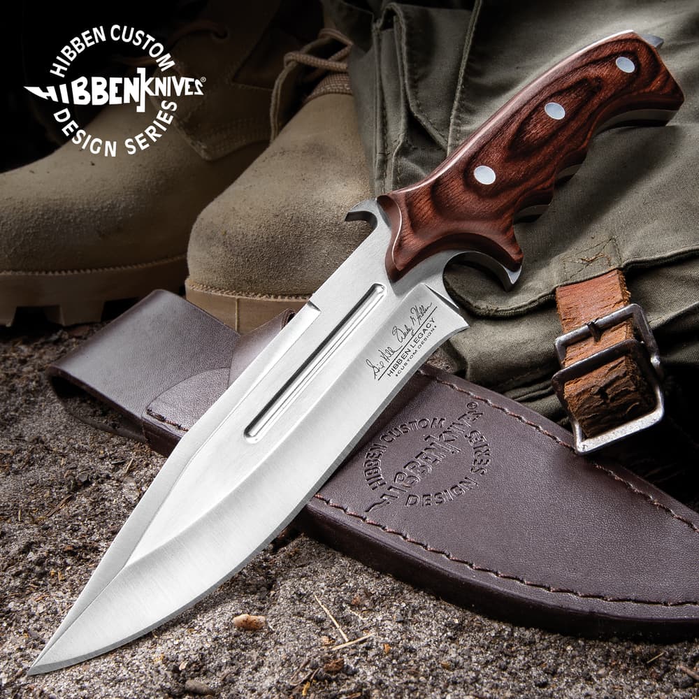 United Cutlery Hibben Legacy Combat Fighter Knife II With Leather Sheath - 7Cr17 Stainless Steel Blade, Brown Pakkawood Handle, Trigger Finger Grip image number 0