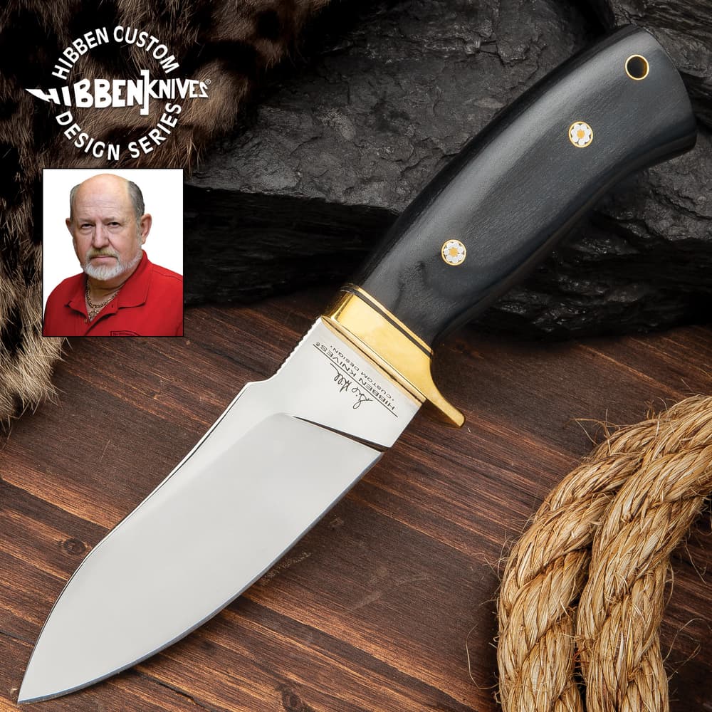 Hibben Chugach Hunter Knife With Sheath - 5Cr13 Stainless Steel Blade, Pakkawood Handle, Brass Hand Guard, Rosette Accents - Length 8 7/8” image number 0