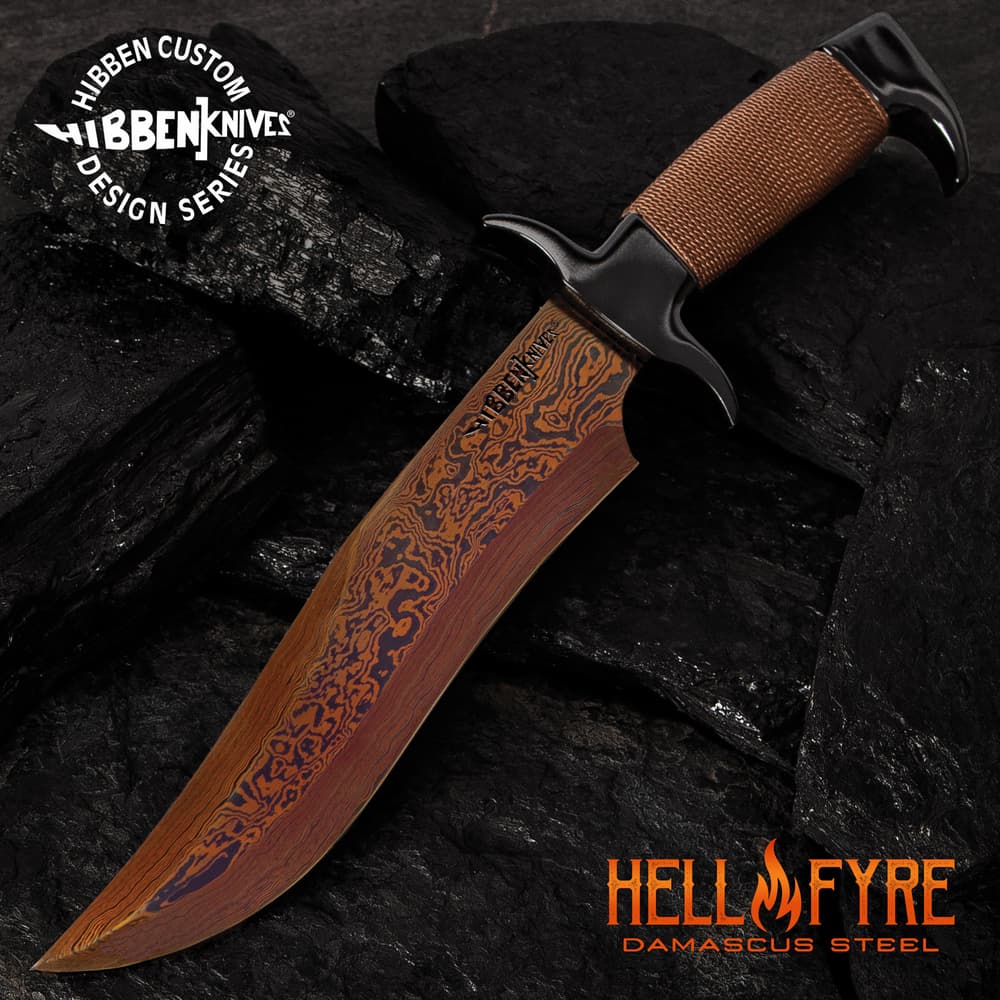 Hibben HellFyre Highlander Bowie Knife With Sheath - HellFyre Damascus Steel, Wire-Wrapped Handle, Black Metal Pommel And Guard - Length 13 1/2” image number 0