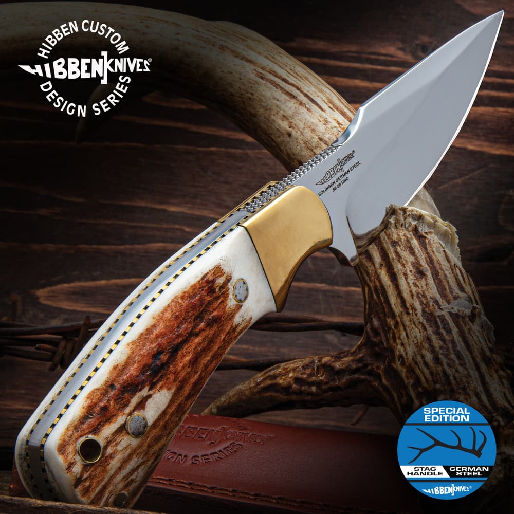 The Gil Hibben Diamondback Stag Knife shown with sheath image number 0