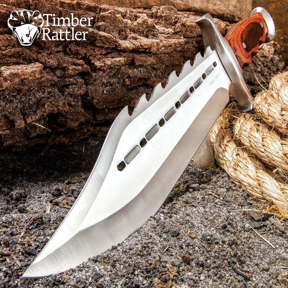 Timber Rattler Sinful Spiked Bowie Knife With Nylon Sheath - Spiked Back Blade, Ergonomic Hardwood Handle - 15" Length image number 0