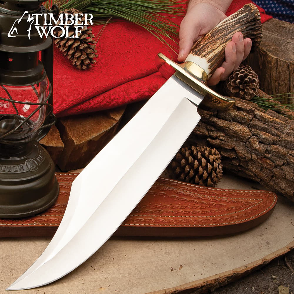 Timber Wolf King Stag Antler Crown Knife With Sheath - Stainless Steel Blade, Genuine Horn Handle, Brass Handguard - Length 22 1/2” image number 0
