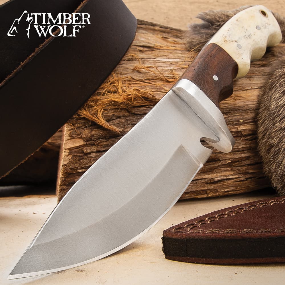 Timber Wolf Adrian Trail Knife With Sheath - Stainless Steel Blade, Full-Tang, Walnut Wood And Bone Handle Scales - Length 9” image number 0
