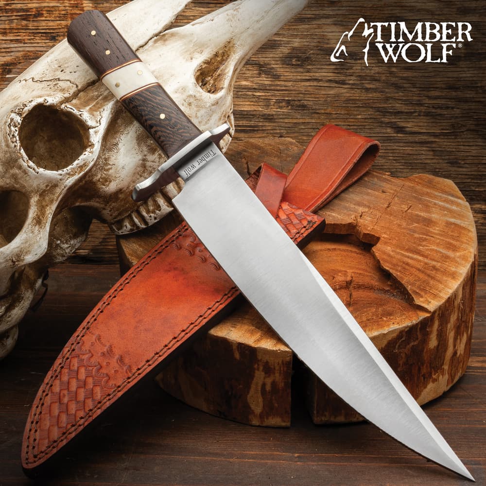 Timber Wolf Shenandoah knife and sheath laying on a wooden stump image number 0