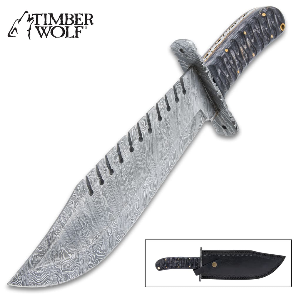 The Timber Wolf Shark Back Knife in and out of its sheath image number 0