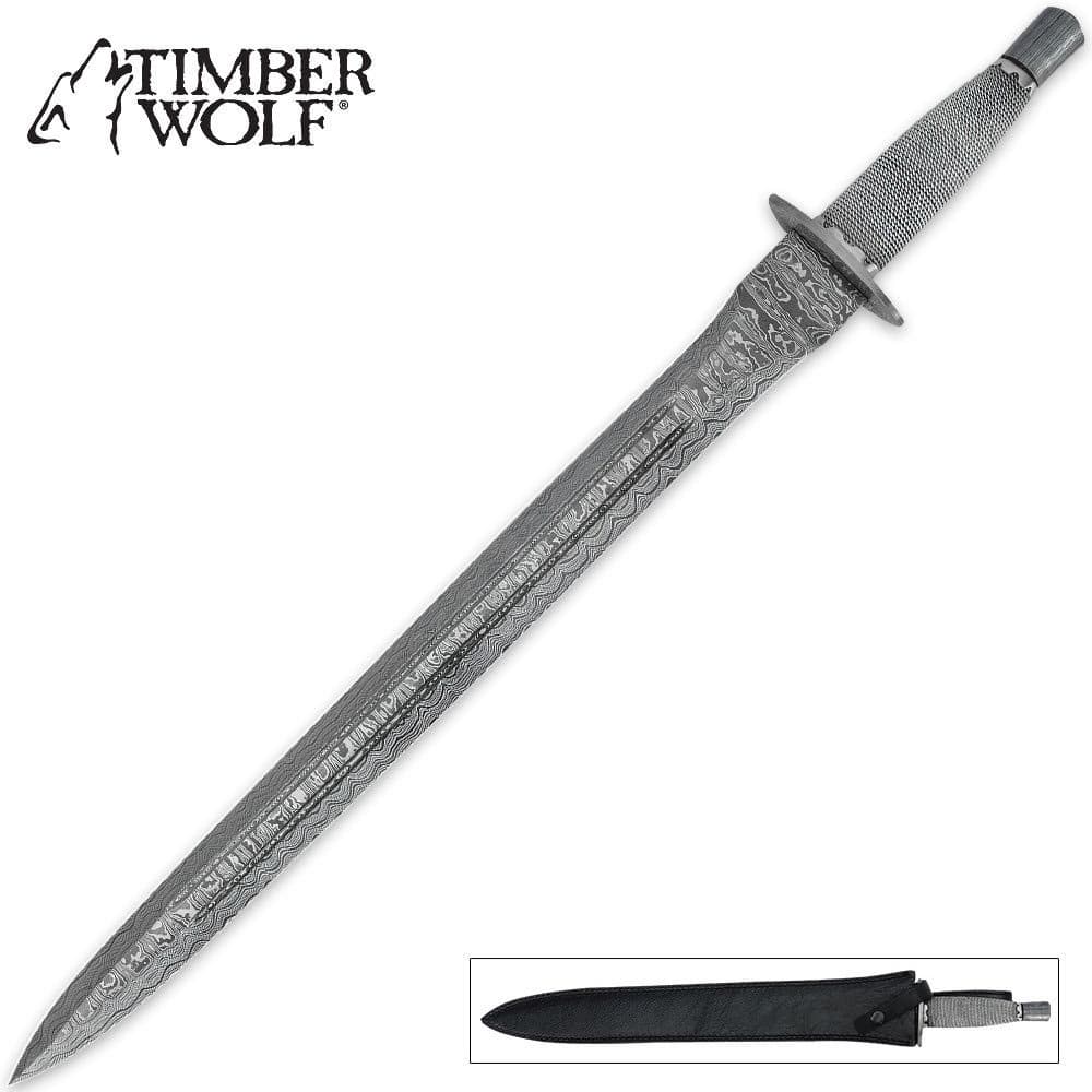 Timber Wolf Middle Ages Damascus Sword with Sheath image number 0