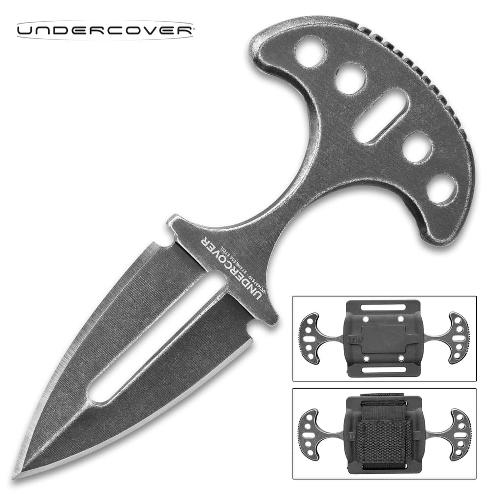 United Cutlery Undercover Stonewashed Twin Push Daggers With Sheath - One-Piece Stainless Steel Construction, Double-Edged - Length 3 3/4” image number 0