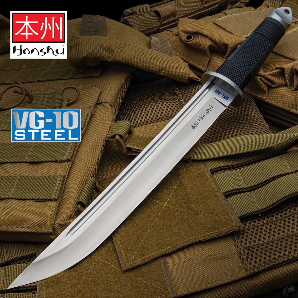 VG-10 Honshu Tanto Knife shown with VG-10 steel blade and TPR handle on a tactical background. image number 0