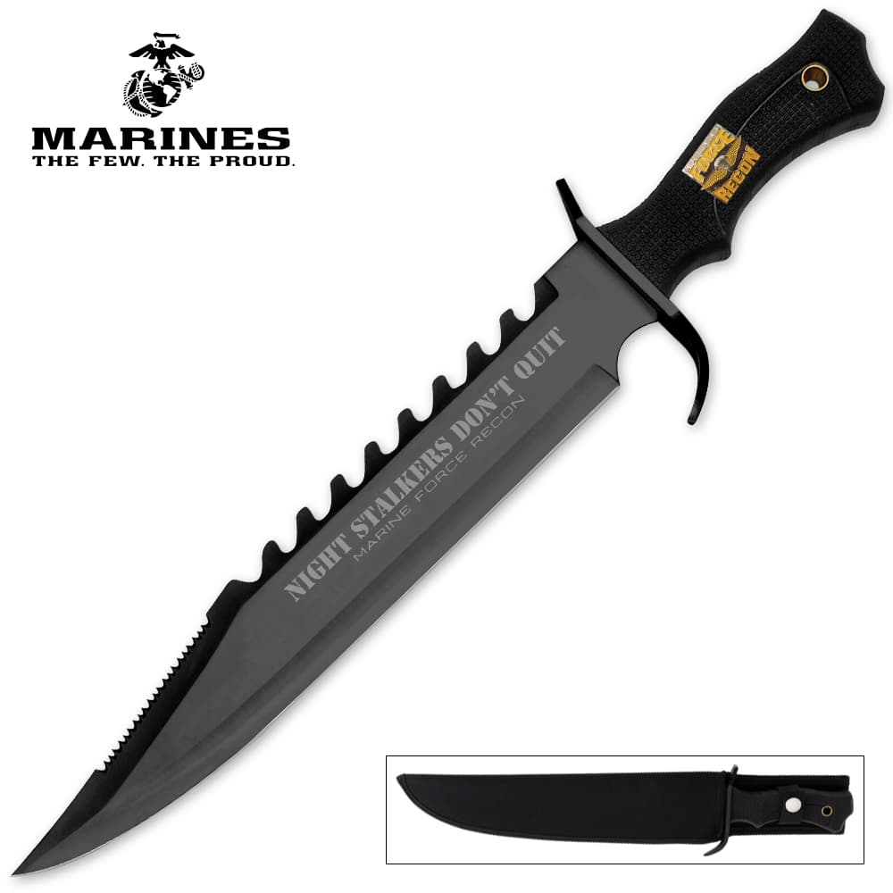 United Cutlery Marine Force Recon Night Stalker Bowie Knife is 16 3/4” with a 12” blade made of AUS-6 stainless steel blade. image number 0