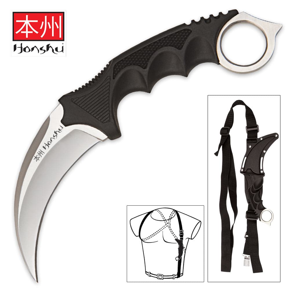 United Cutlery Silver Honshu Karambit has a curved 7Cr13 stainless steel curved blade, TPU handle with finger-ring pommel, and ABS shoulder harness. image number 0