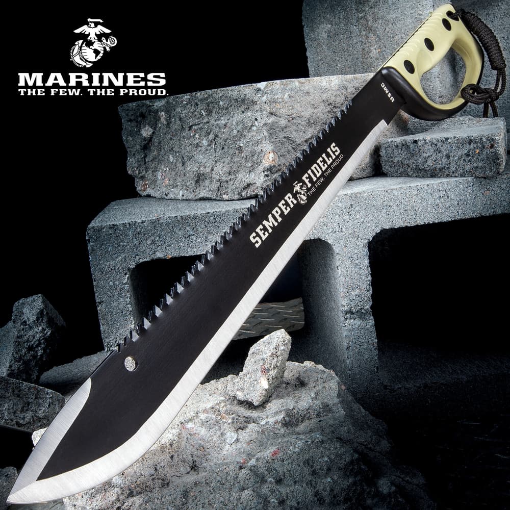 USMC Semper Fi Sawback Machete Knife With Sheath - Stainless Steel Blade, Rubberized Injection-Molded Handle - Length 24” image number 0