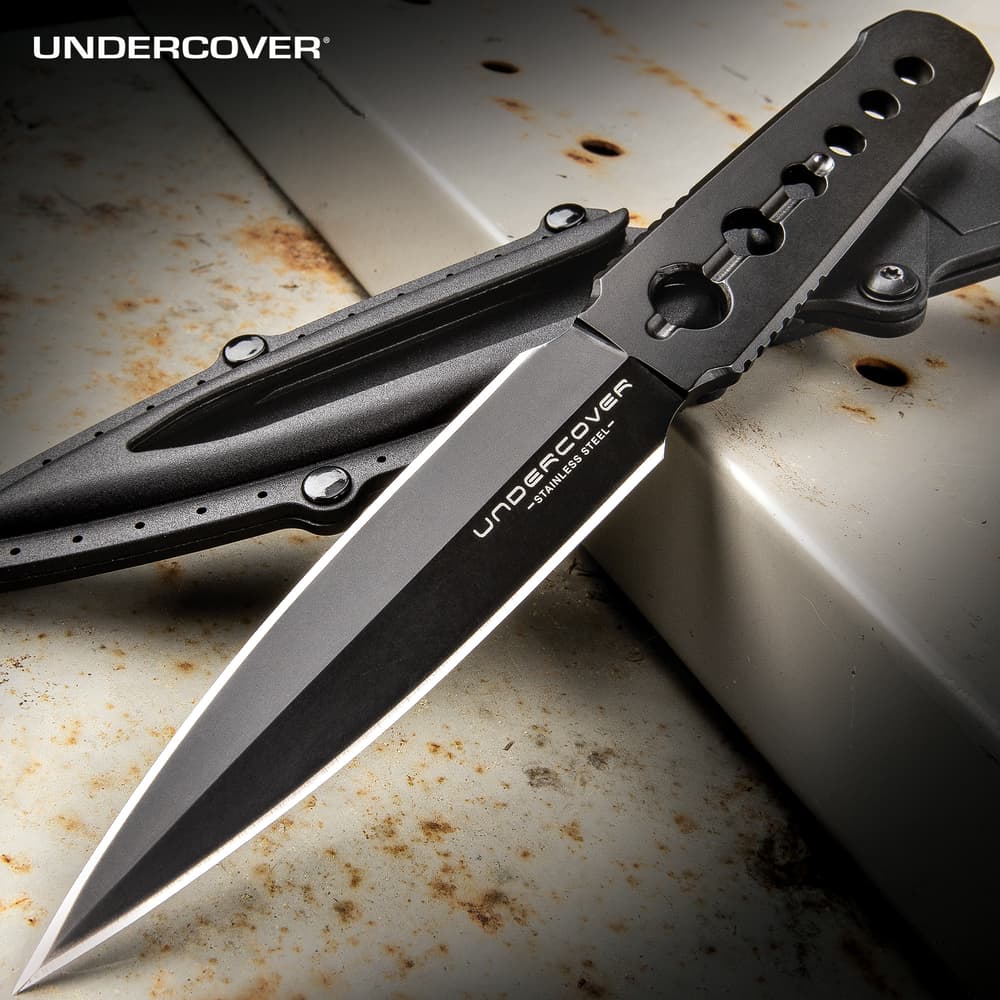 Undercover CIA Stinger Knife And Sheath - One-Piece 3Cr13 Steel Construction, Black Oxide Coating, Thru-Holes - Length 7 1/8” image number 0