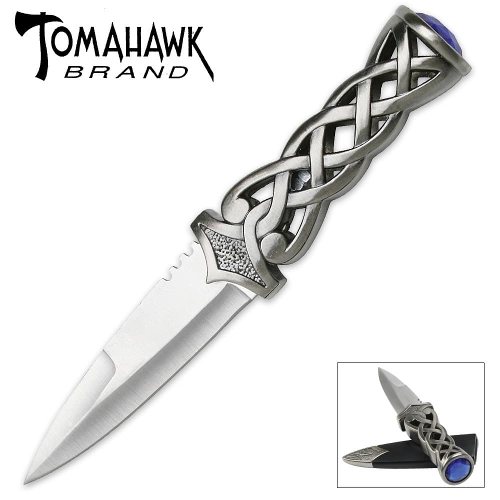 Twisted Steel Scottish Dirk Knife has a stainless steel blade and twisted handle with faux blue jewel pommel. image number 0