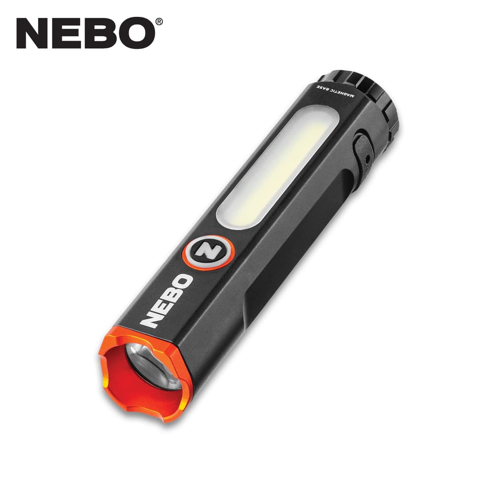 The Nebo Mini Larry 500 is a great looking rechargable flashlight with a grey housing and orang bezel. image number 0
