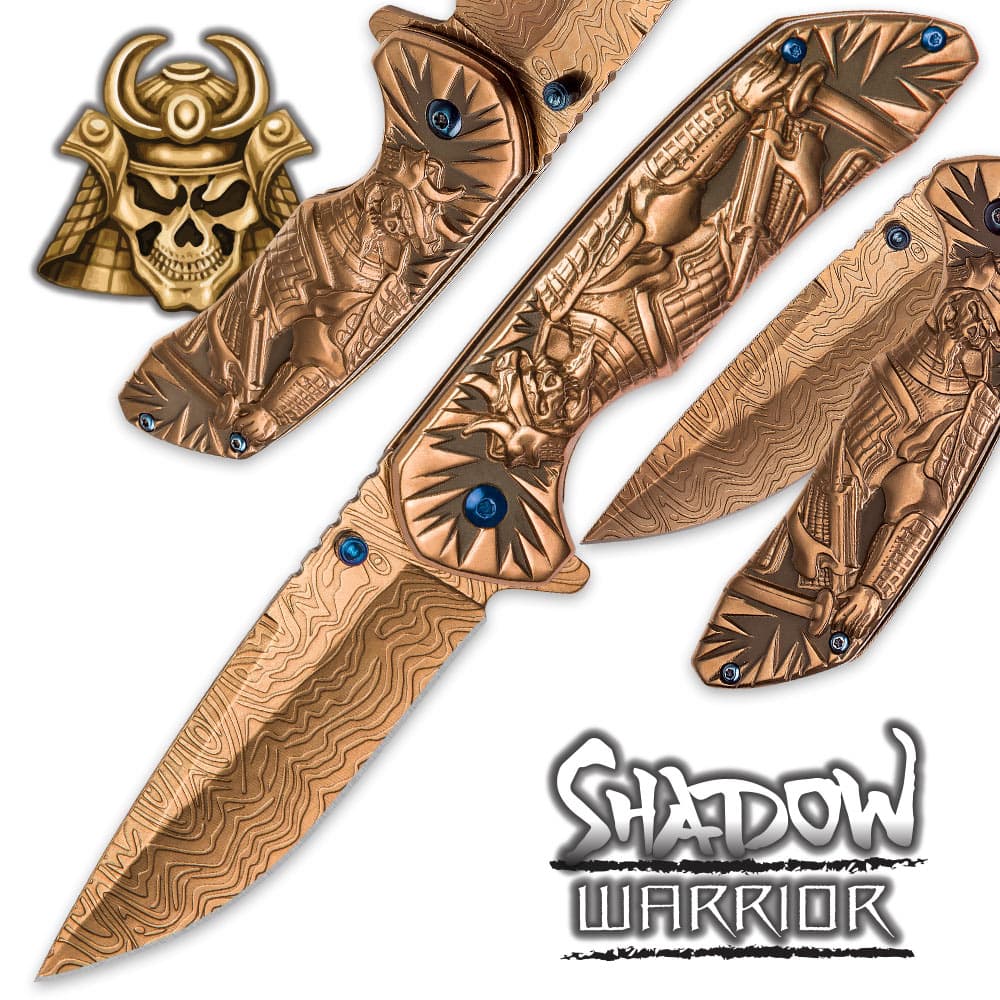 Shadow Warrior Assisted Opening Pocket Knife | DamascTec Steel Blade | Gold And Blue image number 0