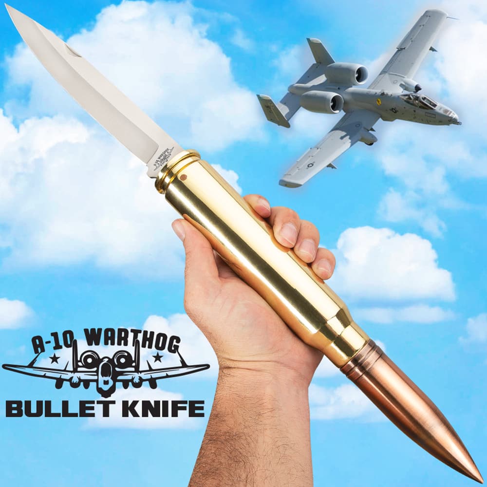 A-10 Warthog Bullet Pocket Knife - 30MM Caliber Round, Stainless Steel Blade, Antiqued Brass Case Construction - Length 19 1/2” image number 0