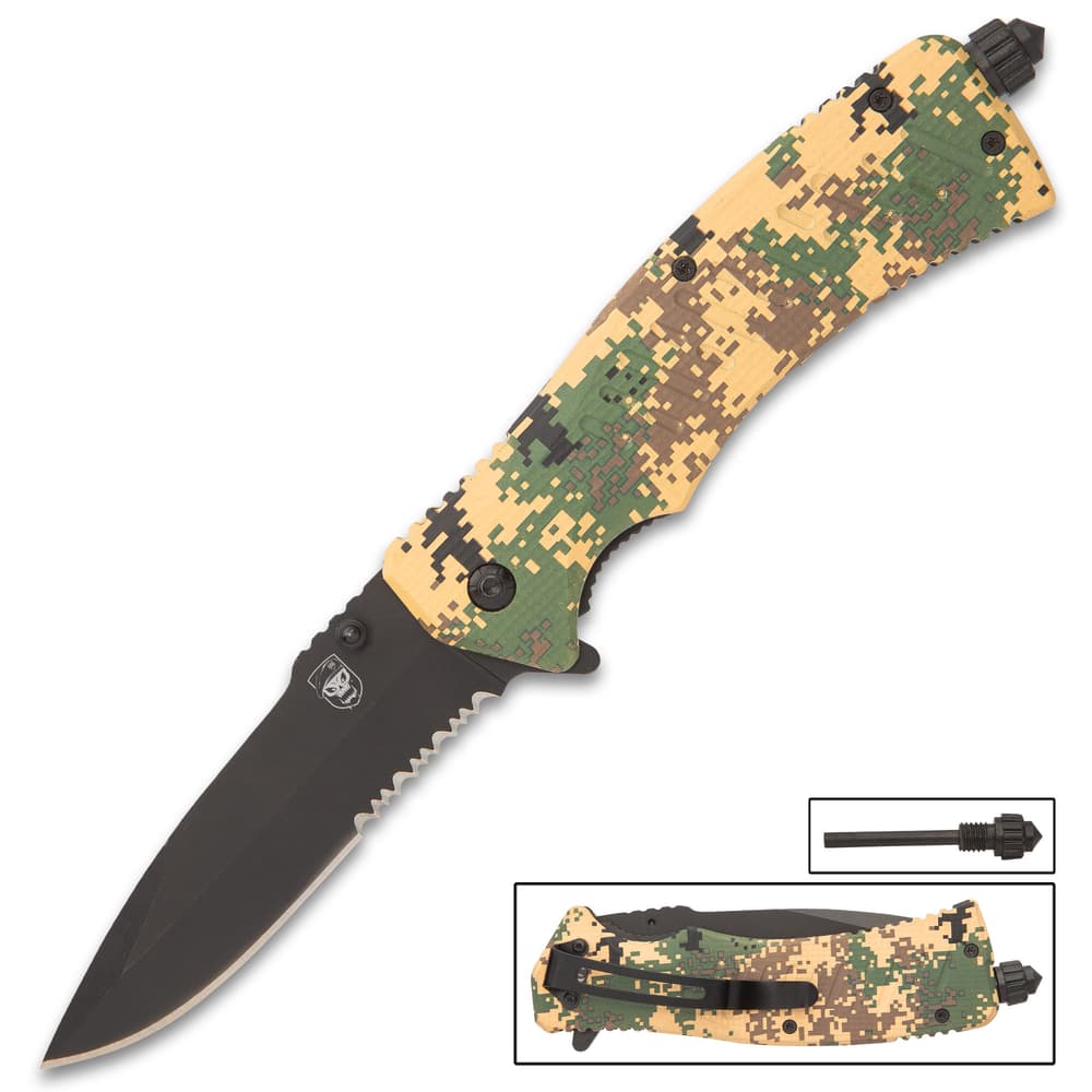 The SOA Camo Field Pocket Knife is a must-have for your tactical and survival gear with its integrated firestarter – an invaluable survival tool image number 0