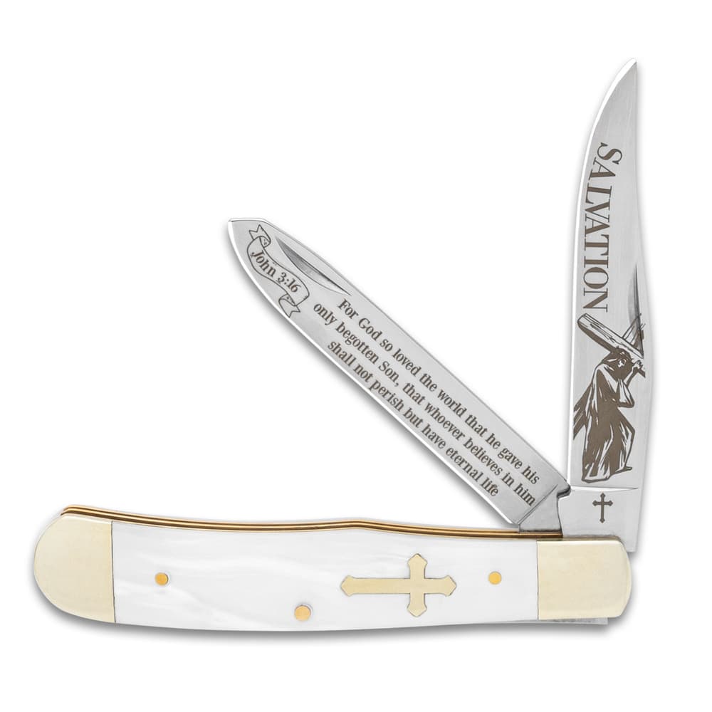 The Salvation Pearl Trapper Pocket Knife has two stainless steel blades image number 0