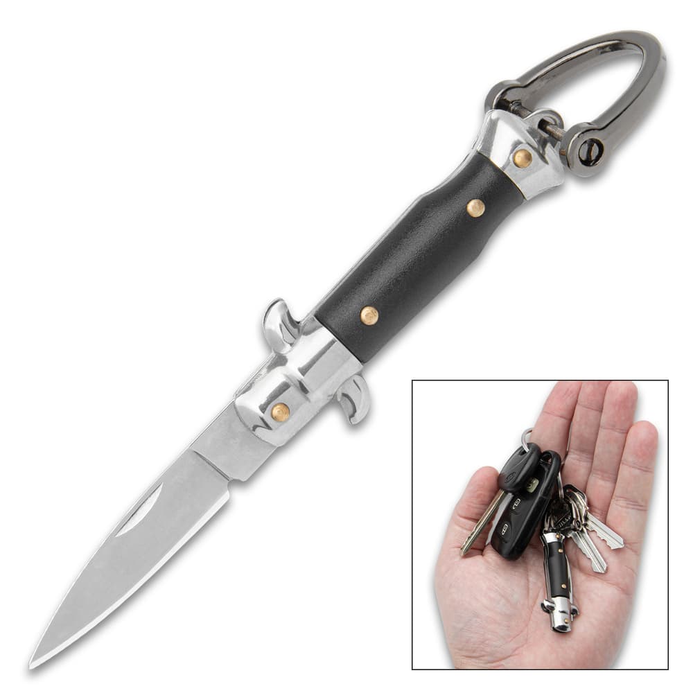 The 4” Black Fratellino Keychain Stiletto shown both open with 1” blade and closed attached to a keyring. image number 0