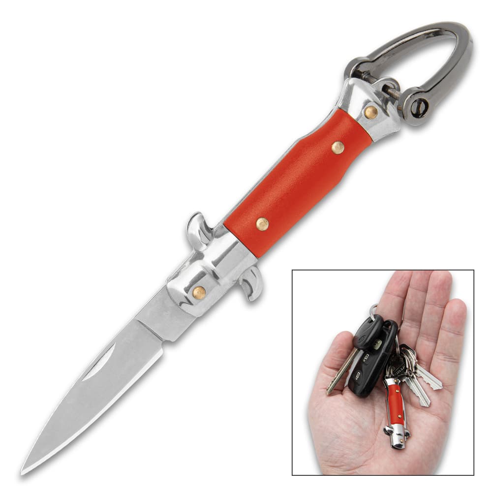 The 4” Red Fratellino Keychain Stiletto shown both open with 1” blade and closed attached to a keyring. image number 0