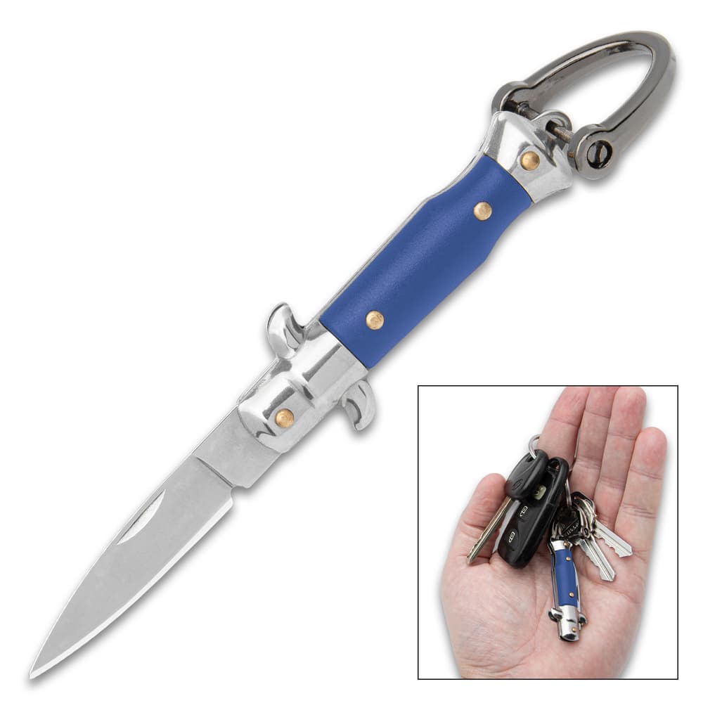 The 4” Blue Fratellino Keychain Stiletto shown both open with 1” blade and closed attached to a keyring. image number 0