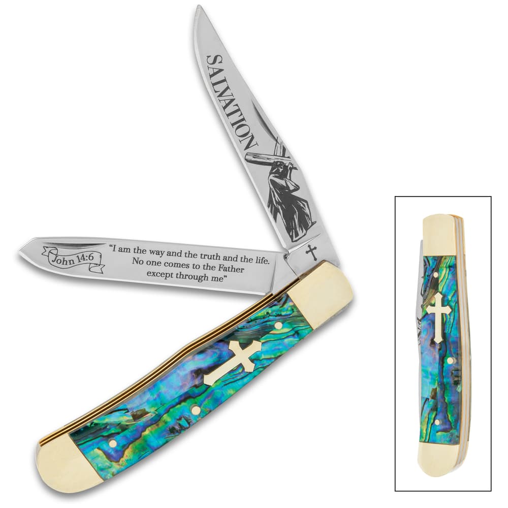 The Salvation Abalone Trapper Pocket Knife is shown with both blades extended and closed. image number 0