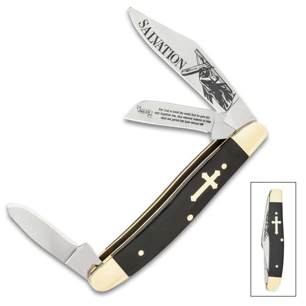 Chrstian Stockman pocket knife with all three blades open. image number 0