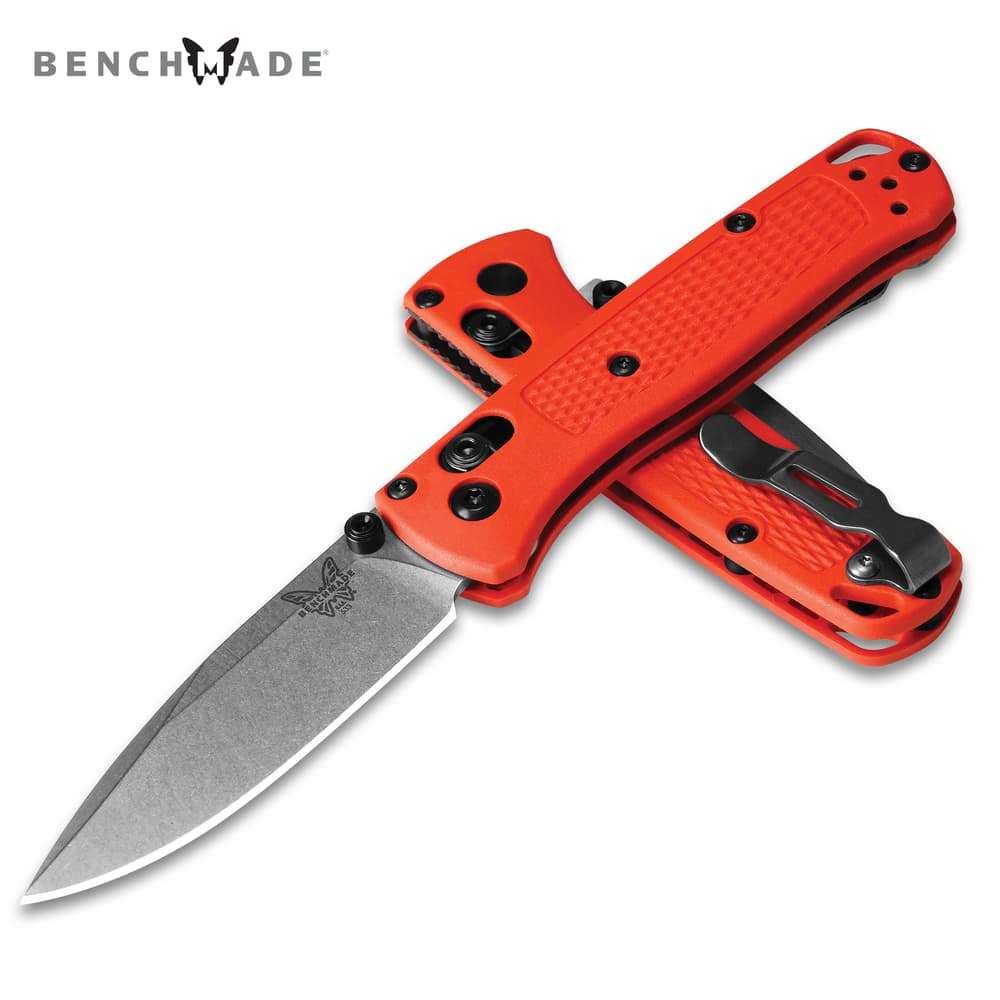 Full image of Benchmade Mini Bugout Mesa Red Folder Knife opened and closed. image number 0