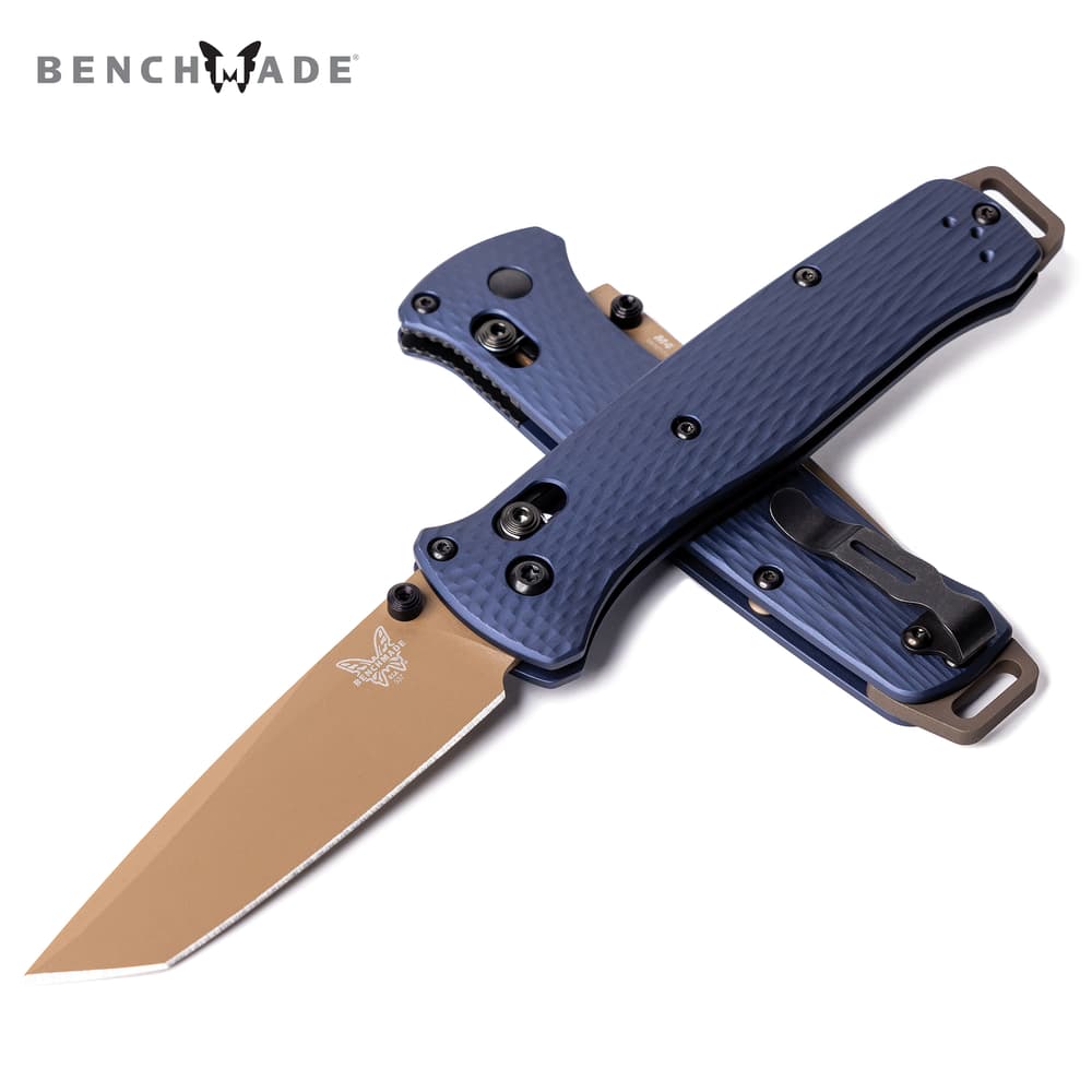 Full image of Benchmade Bailout Flat Earth Folder Knife opened and closed. image number 0