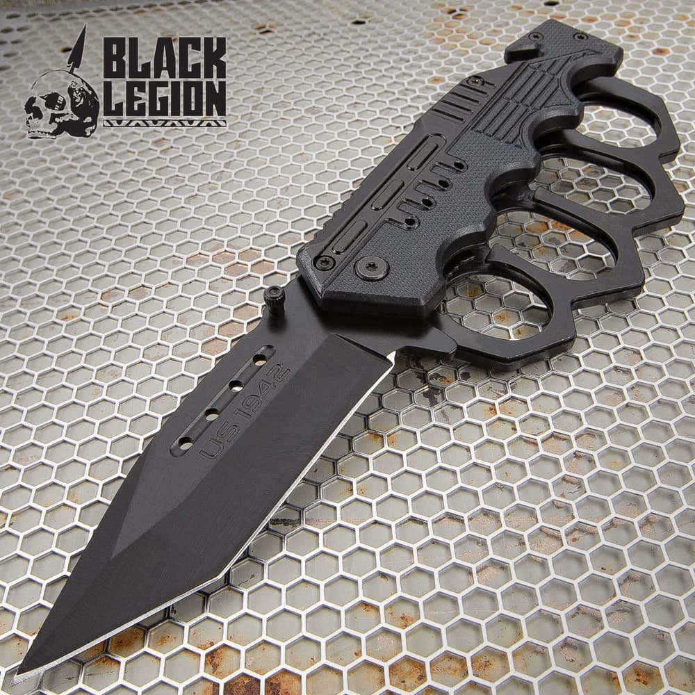 Black Folding Knuckle Knife - Stainless Steel Blade, ABS Handle, Seatbelt Cutter, Glass Breaker - Closed Length 5 1/4” image number 0