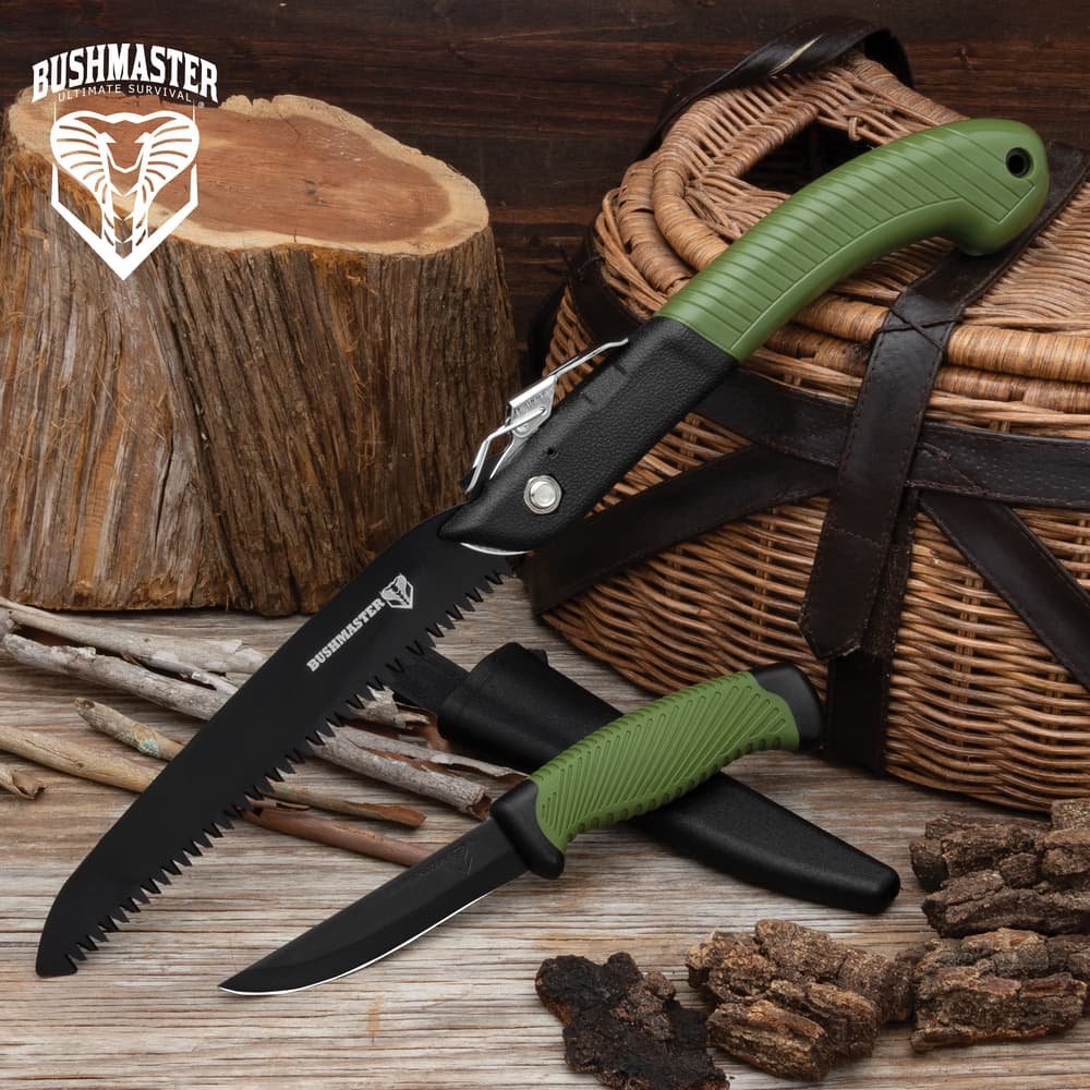 The Bushmaster Hunter Knife and Folding Saw shown side by side image number 0