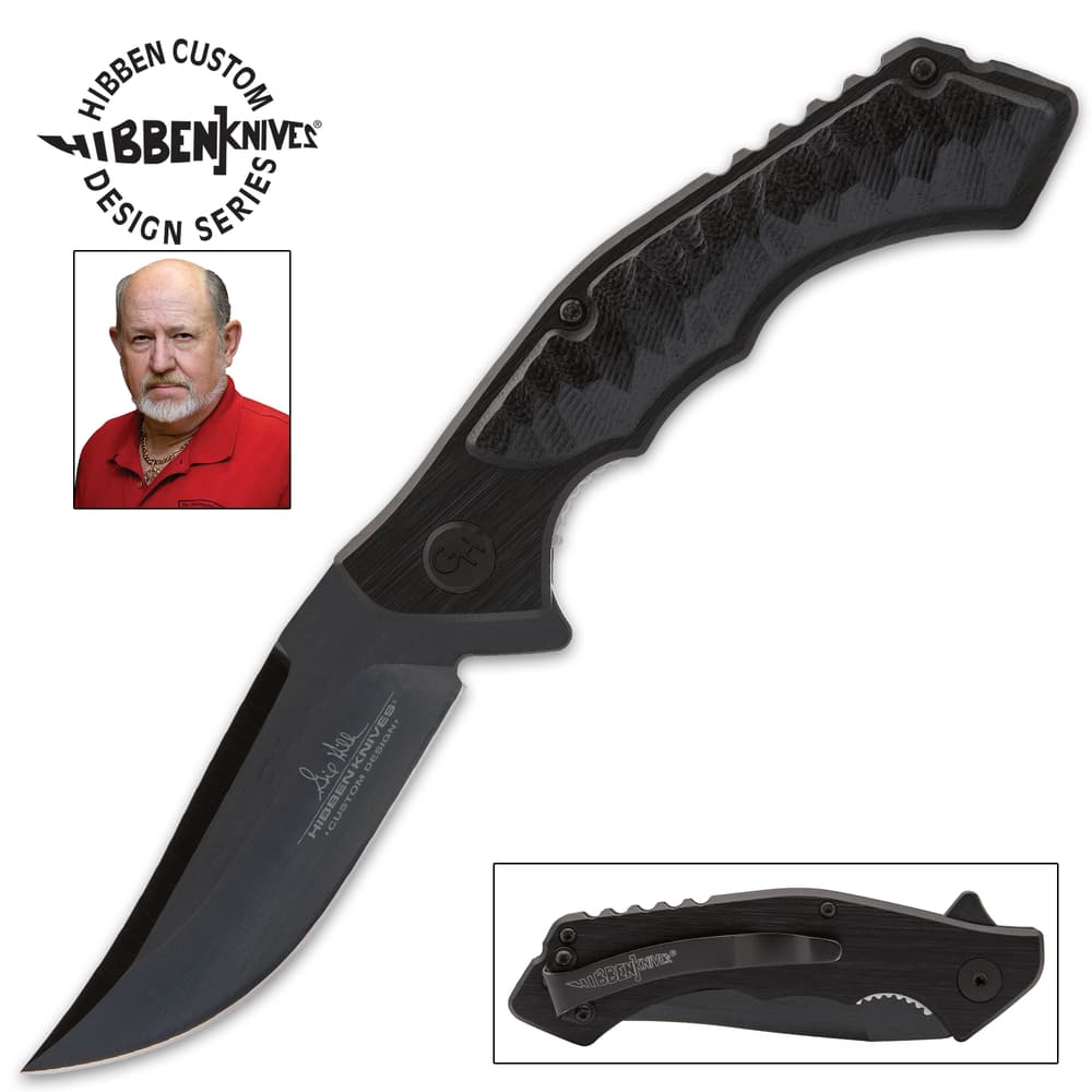Blacked-out matte "Gil Hibben" Pocket knife with a single-edged blade and scalloped details on a wood background. image number 0