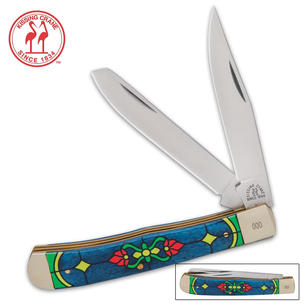 Experience the unrivaled quality of Kissing Crane knives first-hand with the Flowered Stained Glass Trapper Knife image number 0