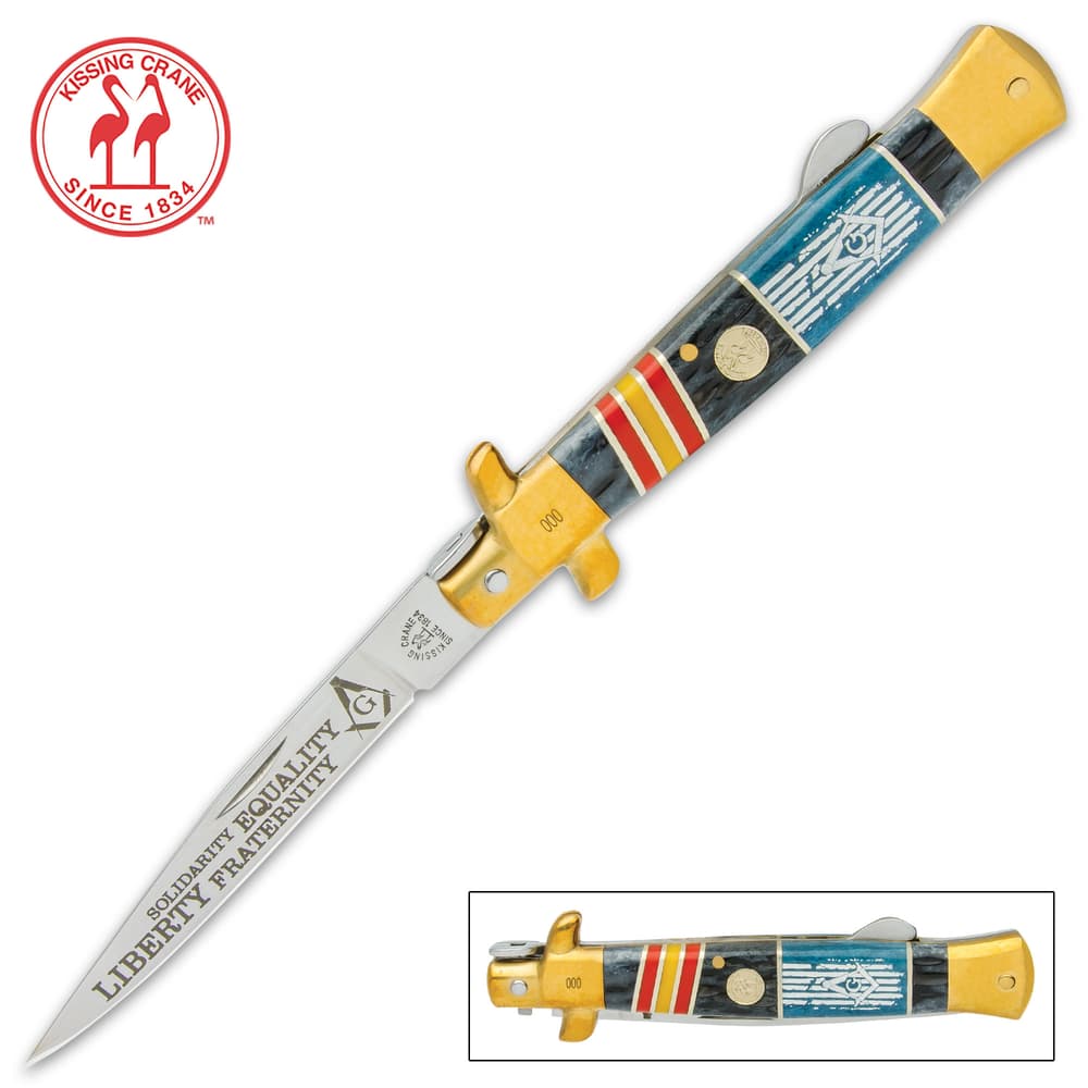 The beauty of Masonic symbols captured perfectly on a pocket knife, this limited edition Kissing Crane stiletto is a must-have image number 0