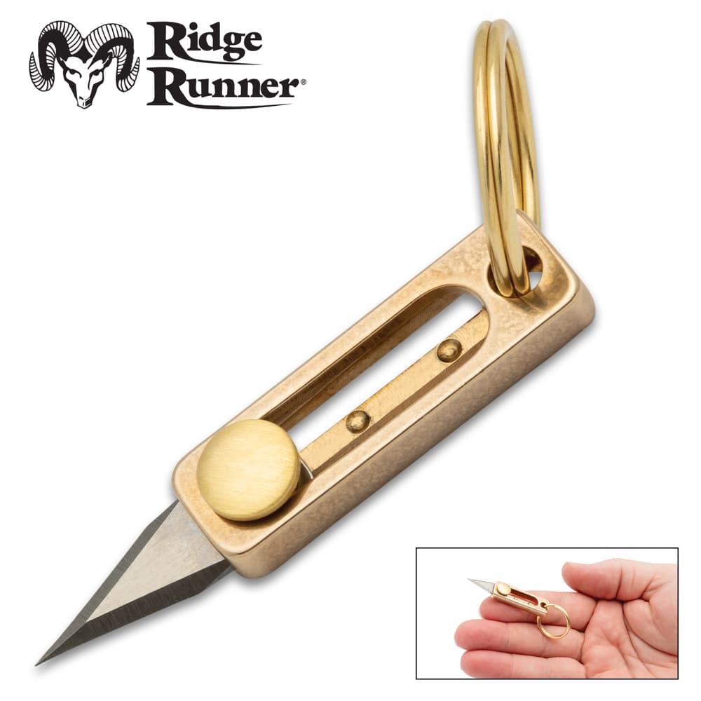 Ridge Runner EDC Mini Keychain knife with an inset showing it in a hand. image number 0